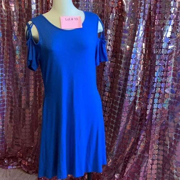 NWOT royal blue shift style dress with peek a boo shoulders in medium - Picture 1 of 12